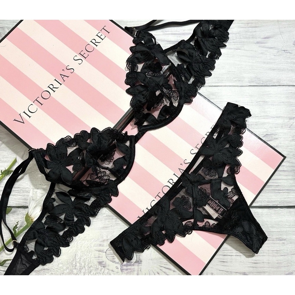 Victoria's Secret LUXE Wired Appliqué Embroidered Demi Thong Bra Set‎ Black Sexy